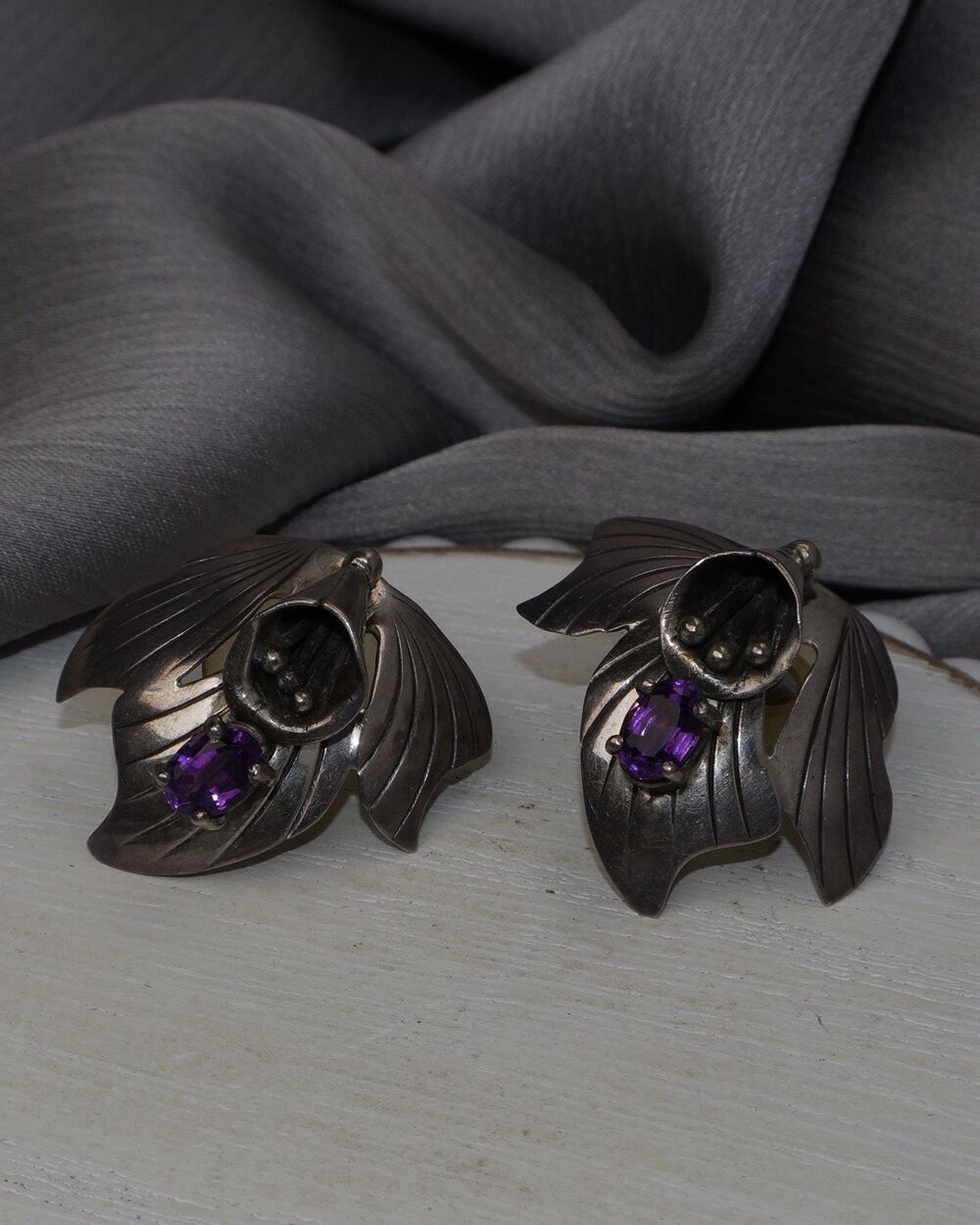 Vintage Carol Felley Sterling Silver Amethyst Flower Earrings 9.87G / 1in